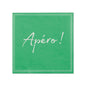 Die PAPSTAR 20 Servietten (25x25 cm, 3-lagig, 1/4-Falz) der PAPSTAR GmbH präsentieren sich im grünen Design mit weißer Steppnaht und dem Schriftzug „Apéro!“ – ideal für die stilvolle Tischdekoration bei jeder Zusammenkunft.