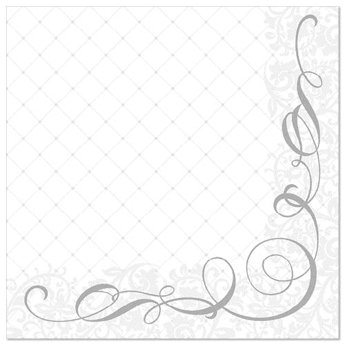 Os PAPSTAR 50 guardanapos "ROYAL Collection" 1/4-dobra 40 x 40 cm cinza da PAPSTAR GmbH apresentam um design quadrado branco com um padrão discreto de flores e losangos e um elegante redemoinho cinza no canto inferior direito.