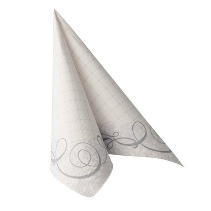 Um único guardanapo PAPSTAR da coleção ROYAL, 40x40 cm em cinza com padrão xadrez discreto e borda decorativa, está dobrado em frente a um fundo branco - ideal para arranjos de guardanapos elegantes. Embalagem com 50 unidades.