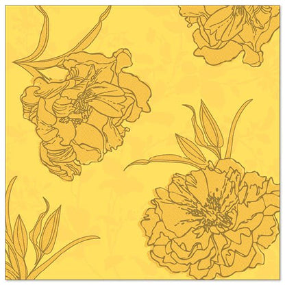Um fundo amarelo com motivos florais detalhados contornados em marrom e folhas sobrepostas, inspirado nos 50 guardanapos "ROYAL Collection" 1/4-dobra 40 x 40 cm amarelo da PAPSTAR GmbH.