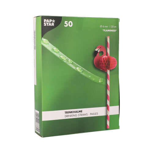 Uma caixa verde com a inscrição "PAPSTAR 50 palhinhas, papel Ø 6 mm · 20 cm" da PAPSTAR GmbH contém palhinhas de papel ecológicas com listras rosa-branco e um flamingo decorativo, destacando a qualidade sustentável.
