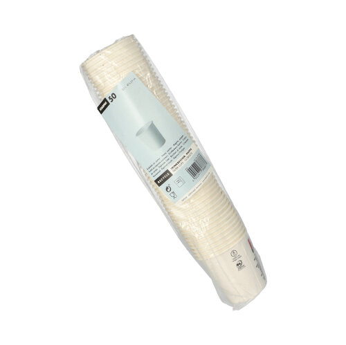 Uma película retrátil com 50 copos Starpak brancos para bebidas frias de papel (0,1 l, Ø 6,25 cm, 6,3 cm), etiquetada com detalhes do produto - ideal para festas e eventos em fundo branco simples.