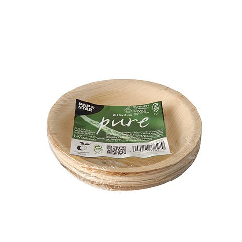 Uma pilha PAPSTAR Taças de folha de palmeira «pure», redondas, 13 cm, ecológicas (6 unidades) de PAPSTAR A GmbH está embalada em película retráctil — louça descartável sustentável ideal para eventos em que se tem em conta o ambiente.