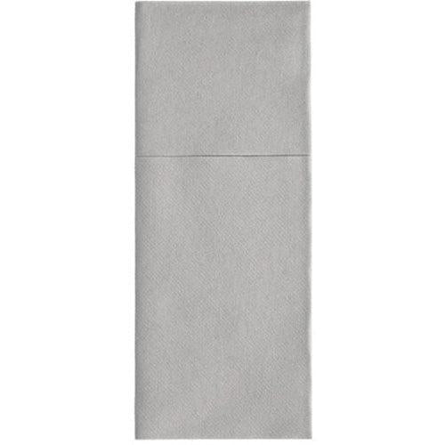 Os Starpak 100 Porta-talheres, Airlaid 40 cm x 48 cm com dobra para talheres, são guardanapos retangulares cinza claro dobrados em terços com uma dobra superior - ideal para decoração de mesa elegante ou como porta-talheres estilosos.