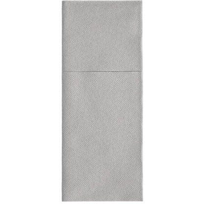 Os Starpak 100 Porta-talheres, Airlaid 40 cm x 48 cm com dobra para talheres, são guardanapos retangulares cinza claro dobrados em terços com uma dobra superior - ideal para decoração de mesa elegante ou como porta-talheres estilosos.