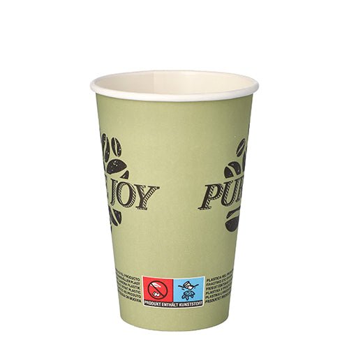 Um copo de papel verde-claro PAPSTAR 50 copos descartáveis feito de papelão resistente (0,3 l) da PAPSTAR GmbH com gráfico de grãos de café, pequenos símbolos e texto na borda inferior está em pé diante de um fundo branco.