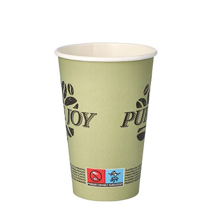 Um copo de papel verde-claro PAPSTAR 50 copos descartáveis feito de papelão resistente (0,3 l) da PAPSTAR GmbH com gráfico de grãos de café, pequenos símbolos e texto na borda inferior está em pé diante de um fundo branco.