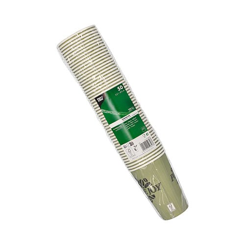 O pacote de 50 copos descartáveis da PAPSTAR GmbH contém copos de papel descartáveis (cada um 0,3 l) com design listrado verde e branco, feitos de papelão resistente e envoltos em plástico; a etiqueta mostra informações do produto.