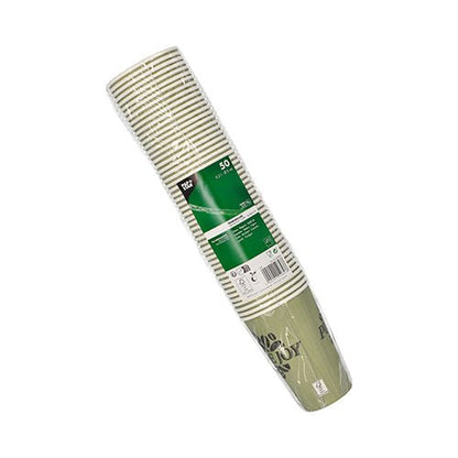 O pacote de 50 copos descartáveis da PAPSTAR GmbH contém copos de papel descartáveis (cada um 0,3 l) com design listrado verde e branco, feitos de papelão resistente e envoltos em plástico; a etiqueta mostra informações do produto.