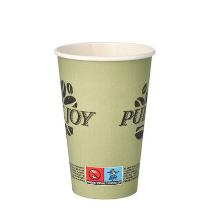 O copo de papel PAPSTAR 50 copos descartáveis, papel 0,3l da PAPSTAR GmbH é um copo de papel descartável verde-claro com a inscrição "PURE JOY" e grãos de café, além de uma pequena etiqueta com símbolos e texto na base. O copo está vazio e em pé sobre um fundo branco.