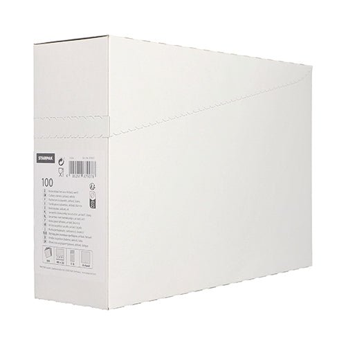 Uma caixa Starpak simples, branca e retangular com uma etiqueta lateral com detalhes do produto e códigos de barras, ideal para restaurantes armazenarem 100 porta-talheres Starpak, Airlaid 40 cm x 33 cm com dobra para talheres. Texto mínimo e sem marca visível no lado maior.