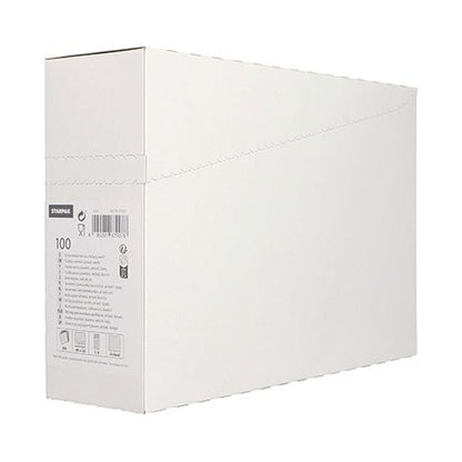 Uma caixa Starpak simples, branca e retangular com uma etiqueta lateral com detalhes do produto e códigos de barras, ideal para restaurantes armazenarem 100 porta-talheres Starpak, Airlaid 40 cm x 33 cm com dobra para talheres. Texto mínimo e sem marca visível no lado maior.