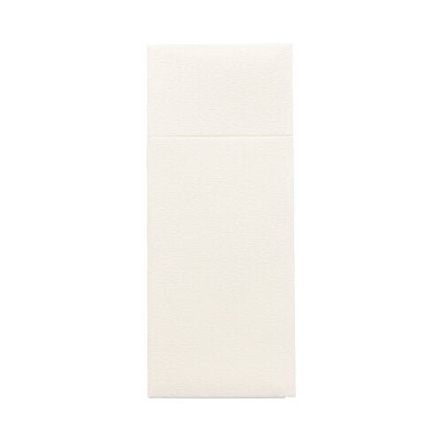 A imagem mostra um envelope retangular, creme dos porta-talheres Starpak 100 feito de material Airlaid resistente (40 x 33 cm) com dobra para talheres – ideal para uso na gastronomia devido à sua aparência elegante.