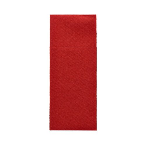 Retratado está um envelope de porta-talheres Starpak 100 Airlaid (40 x 33 cm, com dobra para talheres) em uma forma retangular vermelha simples sobre um fundo branco. A aba não é visível.