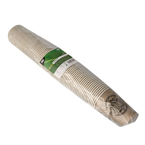 Uma pilha de PAPSTAR copos de papel 80 "Pure Joy" da PAPSTAR GmbH em design moderno, embalados em filme transparente com etiqueta verde e branca.