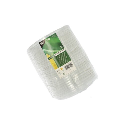 Um pacote com 50 tampas claras e redondas PAPSTAR de PLA para tigelas de salada (2 cm de altura), embrulhadas em folha com etiqueta verde e branca e código de barras, fabricadas pela PAPSTAR GmbH – ideal para uso ecológico.