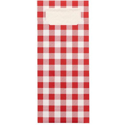 Os porta-talheres PAPSTAR 520 da PAPSTAR GmbH são porta-talheres de 20 x 8,5 cm com padrão xadrez vermelho e branco, uma etiqueta branca no topo e um guardanapo de 2 camadas correspondente integrado (33 x 33 cm) para uso prático.