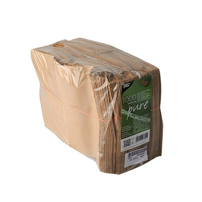Uma pilha de 1.000 pacotes de salsichas PAPSTAR "puro" 18x11 cm, marrom, à prova de gordura está selada e rotulada com informações do produto e código de barras - perfeito para uso profissional na gastronomia.