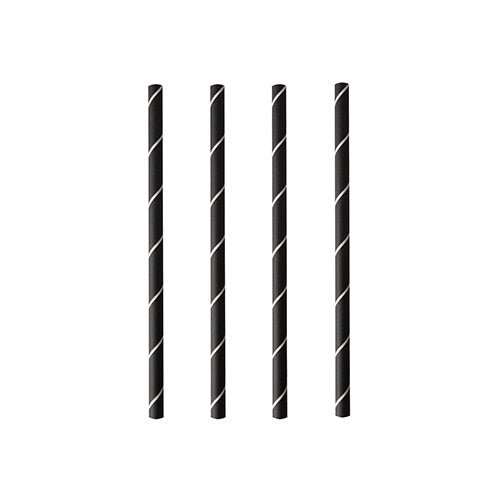 Quatro PAPSTAR palhinhas de cocktail 7 mm, preto/branco "Stripes" (folha, 15 cm), da marca PAPSTAR GmbH, estão dispostas verticalmente e uniformemente em fundo branco.