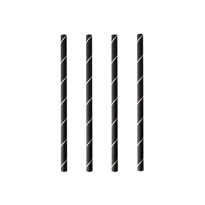 Quatro PAPSTAR palhinhas de cocktail 7 mm, preto/branco "Stripes" (folha, 15 cm), da marca PAPSTAR GmbH, estão dispostas verticalmente e uniformemente em fundo branco.