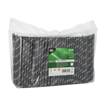 Uma embalagem de plástico transparente contém 250 palhinhas de cocktail PAPSTAR 7 mm, preto/branco "Stripes", 15 cm. A etiqueta da PAPSTAR GmbH mostra informações do produto e símbolos ecológicos.