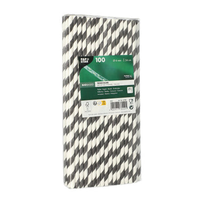 Eine rechteckige Packung mit 100 PAPSTAR 6 mm Papierstrohhalmen der PAPSTAR GmbH steht aufrecht und trägt ein grün-weißes Etikett mit Produktangaben und Barcode. Diese umweltfreundlichen Strohhalme sind biologisch abbaubar und nachhaltig.