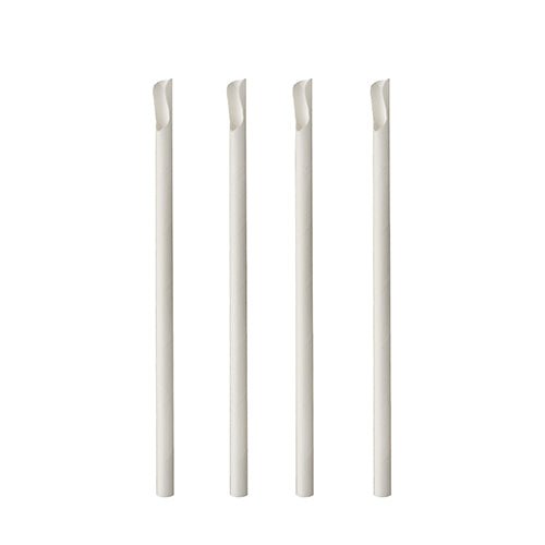 Quatro palhas PAPSTAR brancas com ponta de colher feitas de papel (20 cm, Ø 8 mm, 100 unidades) estão dispostas verticalmente em fila sobre um fundo branco; cada palha tem um corte inclinado na ponta.