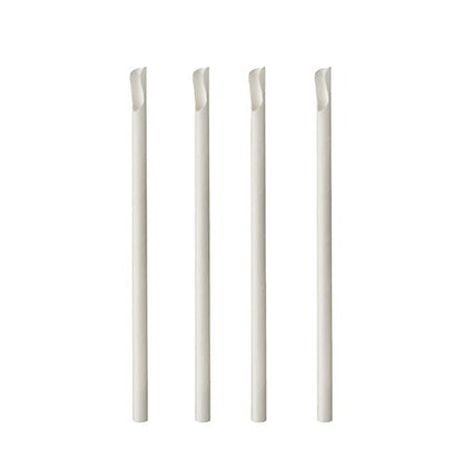 Quatro palhas PAPSTAR brancas com ponta de colher feitas de papel (20 cm, Ø 8 mm, 100 unidades) estão dispostas verticalmente em fila sobre um fundo branco; cada palha tem um corte inclinado na ponta.