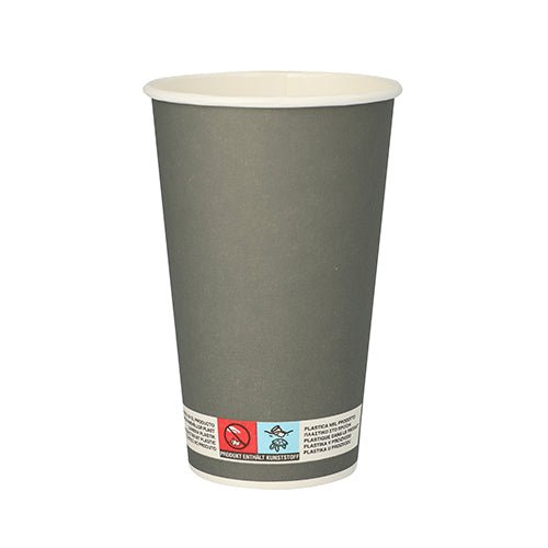 O PAPSTAR 20 copo de papel, 0,4 l da PAPSTAR GmbH é um copo de papelão cinza, ecológico, com interior branco e uma pequena etiqueta na base, retratado em pé sobre um fundo branco.