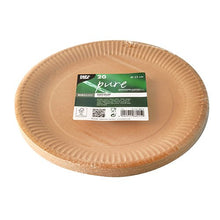 Uma pilha de pratos de papelão redondos e marrons da PAPSTAR GmbH, ecológicos e para uso diário, embalados em plástico com etiqueta verde e branca "20 pure" e informações sobre materiais sustentáveis.