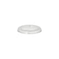 A tampa transparente e redonda PAPSTAR para copos de porção (Ø 6 cm, PLA "puro") da PAPSTAR GmbH apresenta-se sobre um fundo branco com topo plano e borda elevada e canelada para um ajuste seguro. O pacote contém 50 tampas biodegradáveis.