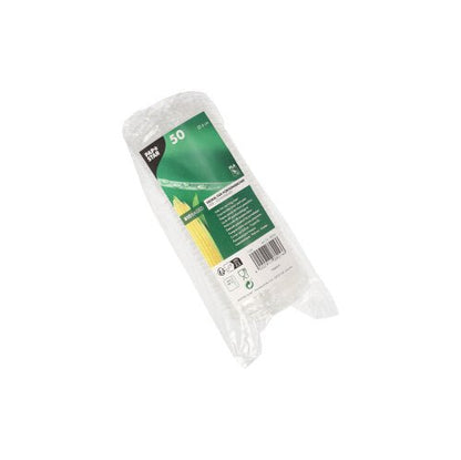 Uma embalagem de plástico transparente com 50 tampas PAPSTAR para copos de porção (Ø 6 cm, PLA "puro"), com um rótulo verde e branco com detalhes do produto, símbolos de reciclagem e informações sobre tampas biodegradáveis. Marca: PAPSTAR GmbH.
