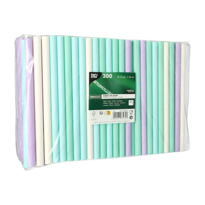 Uma embalagem de plástico transparente da PAPSTAR GmbH contém 200 palhinhas de papel para Bubble Tea PAPSTAR (Ø 12 mm, 20 cm), sortidas em cores. O rótulo exibe ícones ecológicos - ideal para fãs de Bubble Tea.