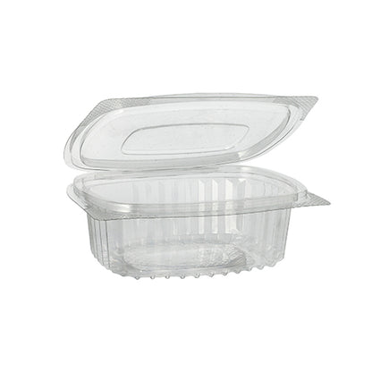 Um recipiente dobrável transparente e oval Starpak 50 de iguarias e saladas com tampa dobrável de R-PET transparente da Starpak está aberto e vazio, com lados e fundo com ranhuras e uma tampa dobrável ajustada.