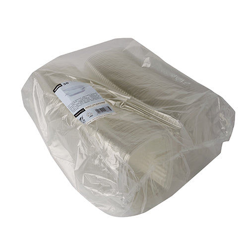 As Starpak 50 tigelas de iguarias e saladas com tampa dobrável, R-PET transparente oval, são entregues em um saco transparente e ecológico – perfeito para servir iguarias e saladas de forma sustentável.