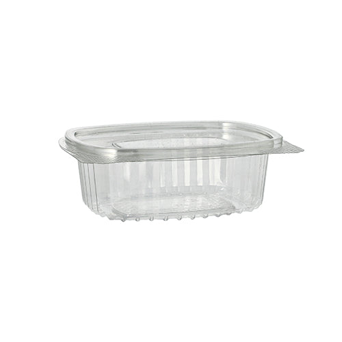 As Starpak 50 tigelas de iguarias e saladas com tampa dobrável, R-PET transparente oval, são recipientes alimentares ecológicos de plástico transparente com tampa dobrável, ideais para iguarias e saladas, apresentadas sobre um fundo branco.