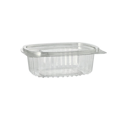 As Starpak 50 tigelas de iguarias e saladas com tampa dobrável, R-PET transparente oval, são recipientes alimentares ecológicos de plástico transparente com tampa dobrável, ideais para iguarias e saladas, apresentadas sobre um fundo branco.
