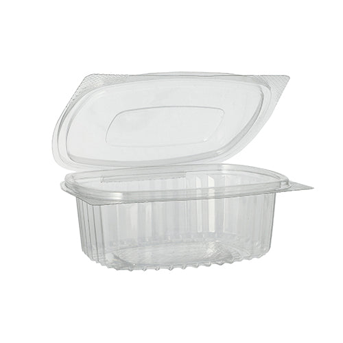 Die Starpak 50 Feinkost- und Salatschalen mit Klappdeckel sind durchsichtige, ovale Clamshell-Behälter aus R-PET mit Scharnierdeckel, ideal für die umweltfreundliche Verpackung von Feinkost, Salaten oder Gebäck.