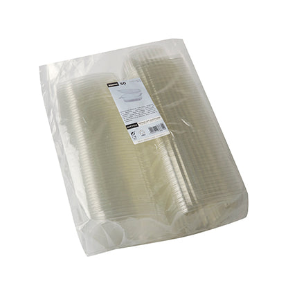 Uma pilha de Starpak 50 tigelas de iguarias e saladas com tampa dobrável, R-PET transparente oval, está embalada em um saco plástico transparente com uma etiqueta branca com detalhes do produto.