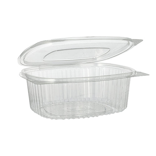 As Starpak 50 tigelas de iguarias e saladas com tampa dobrável de R-PET transparente são recipientes ovais e ecológicos com tampa dobrável – ideais para saladas e iguarias. Elas possuem bordas arredondadas e ranhuras verticais nas laterais.