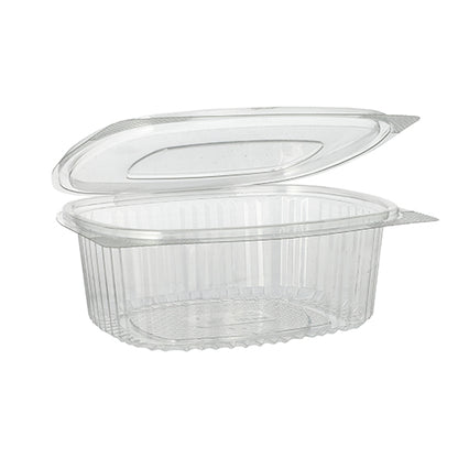 As Starpak 50 tigelas de iguarias e saladas com tampa dobrável de R-PET transparente são recipientes ovais e ecológicos com tampa dobrável – ideais para saladas e iguarias. Elas possuem bordas arredondadas e ranhuras verticais nas laterais.