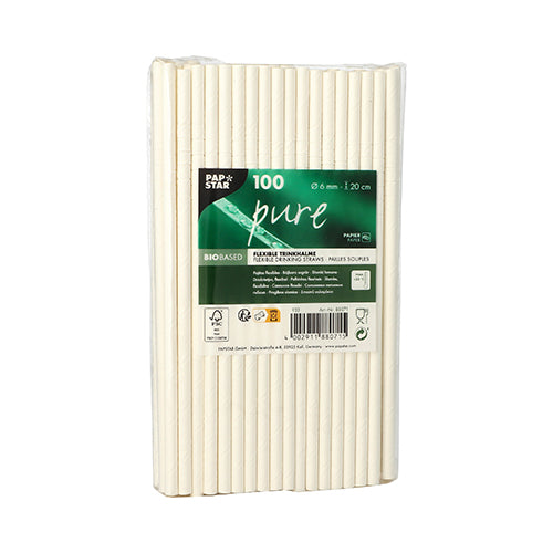 Uma embalagem transparente da PAPSTAR GmbH contém 100 palhinhas de papel "pure" (Ø 6 mm, 20 cm), apresentadas na vertical com uma etiqueta verde indicando "biobased". Estas palhinhas bem embaladas são uma alternativa ecológica.