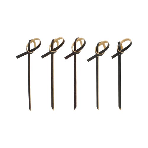 Cinco PAPSTAR 250 palitos de finger food da PAPSTAR GmbH em preto com detalhes de laço marrom claro na parte superior, dispostos em uma fila sobre um fundo branco.