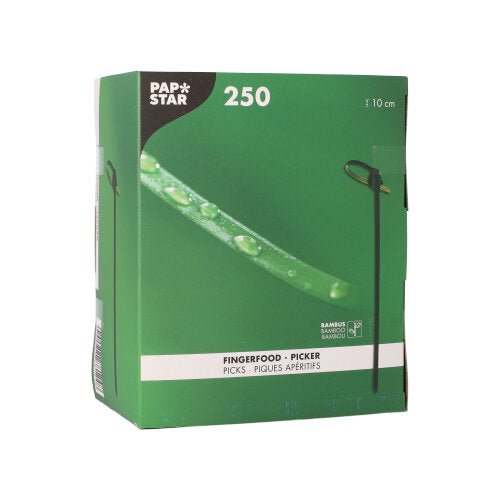 Uma caixa verde e branca de 250 palitos de finger food da PAPSTAR GmbH contém 250 palitos de bambu biodegradáveis com um comprimento de 10 cm cada, com uma imagem de pick verde na frente.