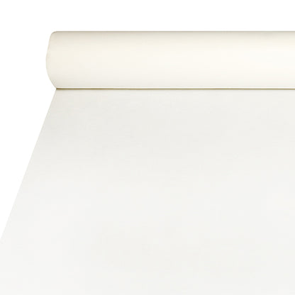 A toalha de mesa Starpak de Airlaid (20m x 1,2m) em branco oferece uma aparência semelhante a tecido, é durável e fácil de cuidar; O início do rolo está na borda superior da imagem.