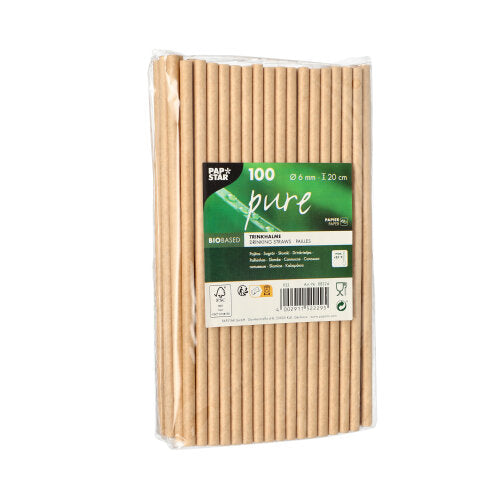 As PAPSTAR 100 palhinhas "puro" de papel (Ø 6 mm, 20 cm), biodegradáveis, embaladas em filme com rótulo de produto verde e branco e símbolos de certificação da PAPSTAR GmbH.