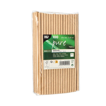 As PAPSTAR 100 palhinhas "puro" de papel (Ø 6 mm, 20 cm), biodegradáveis, embaladas em filme com rótulo de produto verde e branco e símbolos de certificação da PAPSTAR GmbH.