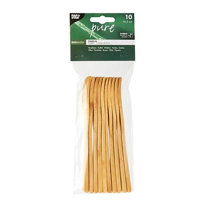 10 peças de garfos PAPSTAR de bambu "pure", 16,5 cm, com etiqueta verde e branca da PAPSTAR GmbH - um talher ecológico ideal para qualquer evento consciente do meio ambiente.