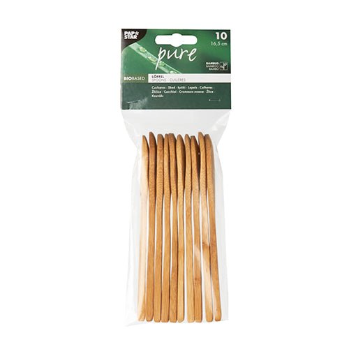 Um saco com 10 colheres de bambu PAPSTAR "pure", cada uma com 16,5 cm, ecológicas e estáveis, em marrom claro com etiqueta verde e branca da PAPSTAR GmbH.