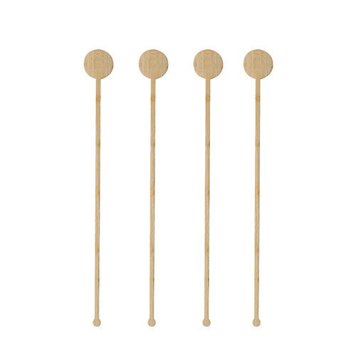 Quatro PAPSTAR 100 misturadores de bebidas de bambu "pure" da marca PAPSTAR GmbH com cabeças redondas e planas estão dispostos verticalmente em uma fila contra um fundo branco.